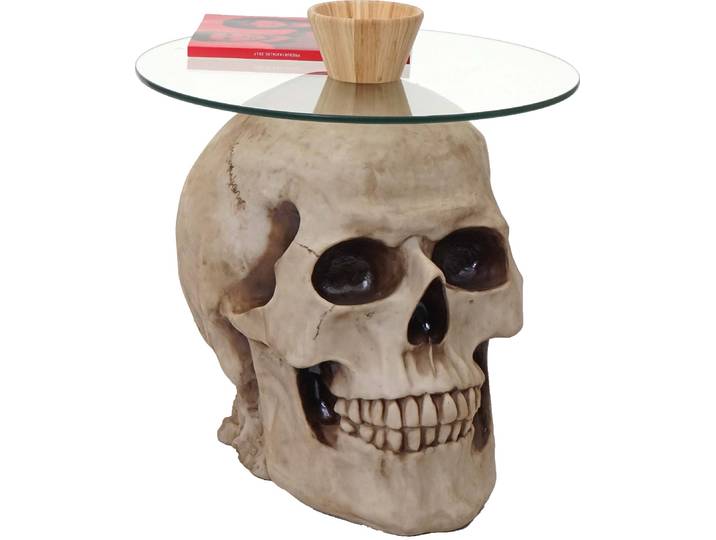 Beistelltisch Totenkopf HWC-A19, Glastisch Wohnzimmertisch Couchtisch Totenschädel, Polyresin rund Ø55cm natur