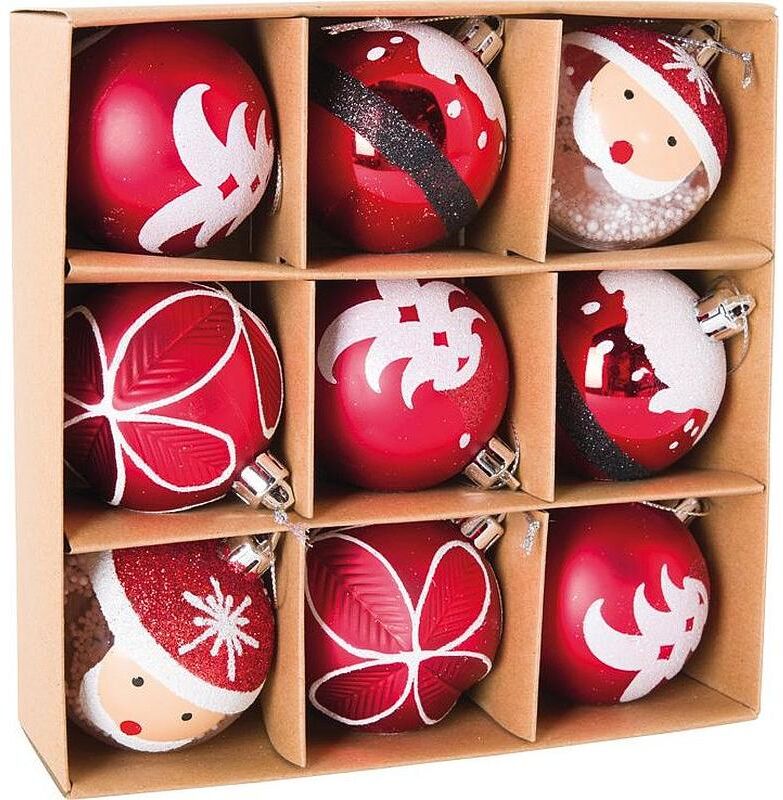 Weihnachtsbaumkugel "Dekomat AG Rot / Weiss Ø 6 cm 9 Stück", rot (rot, weiß), Ø:6cm, Kunststoff, Weihnachtsbaumkugeln, Weihnachtsbaumkugel rot, weiß 6cm