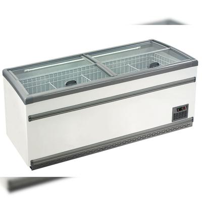 KLIMAITALIA Statische Insel mit geneigtem, flachem Glas. Vertikale Öffnung. LED-Beleuchtung. Automatisches Auftauen. Temperatur -18°C/-21°C. IGLOO21