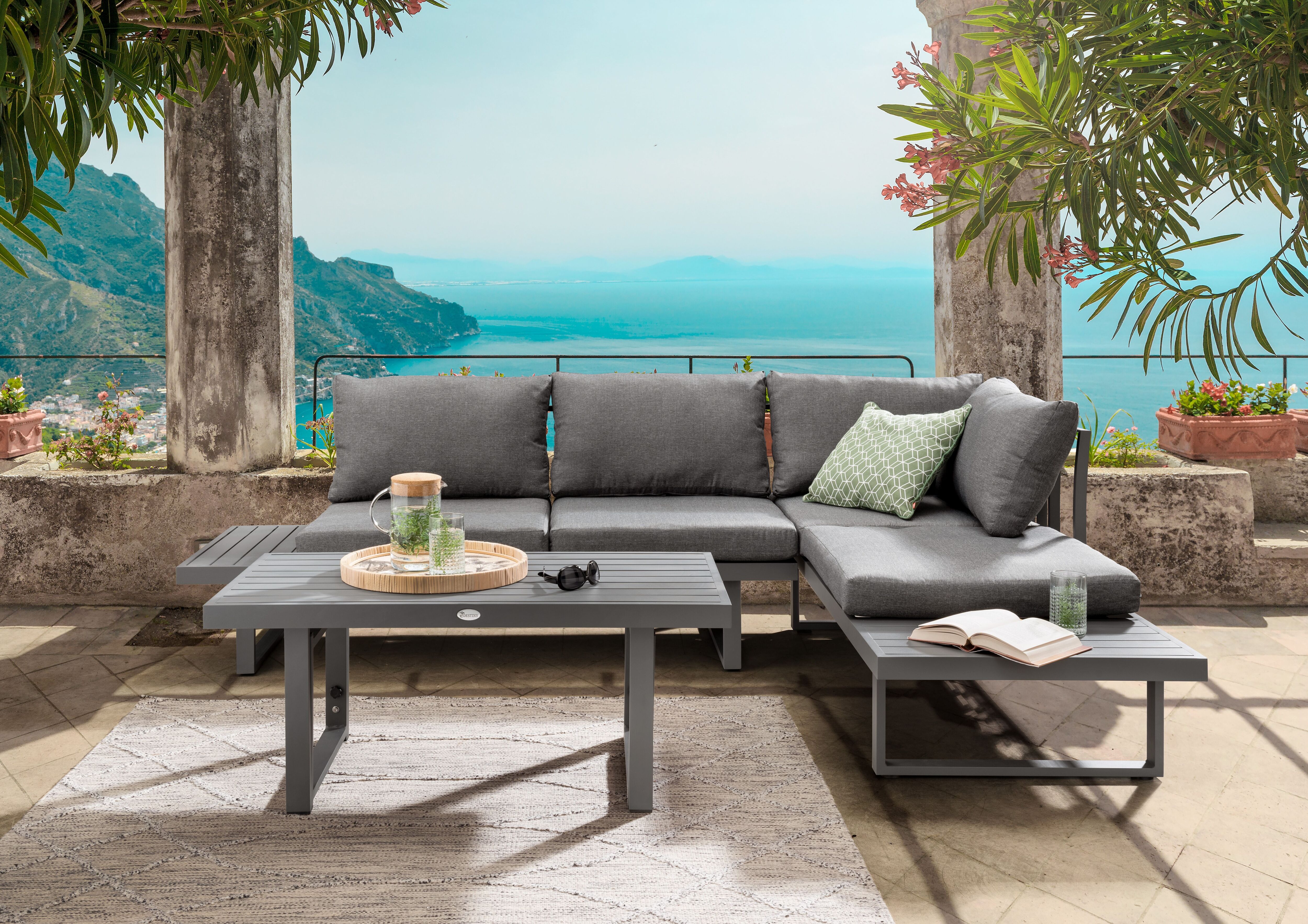 Gartenlounge-Set DESTINY "SEA POINT Multifunkt.-Loungeset anthrazit, Tisch: 110x58x45/68cm", grau (anthrazit), Aluminium, Sitzmöbel-Sets, Gartenlounge-Set, Aluminium