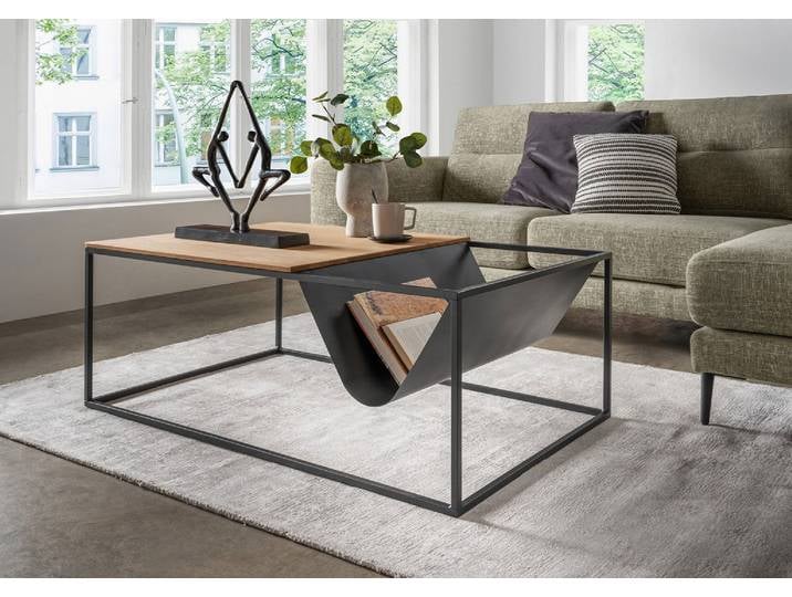 Couchtisch 110x70cm 'Lissabon' Wildeiche Stahl schwarz Zeitungsablage