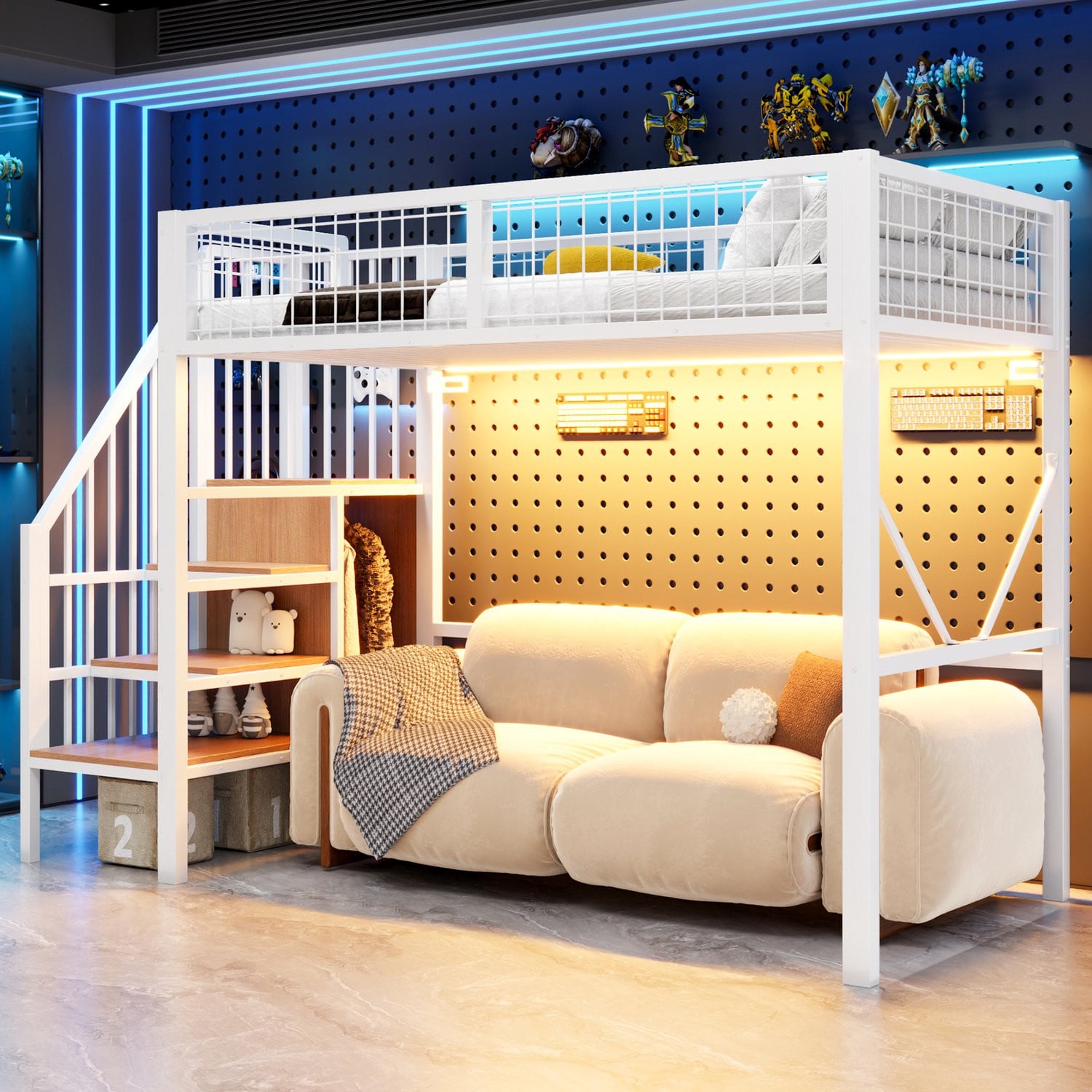 Metalen Hoogslaper voor Kinderkamers met LED-verlichting en Opbergruimte - Wit - 90 x 200 cm