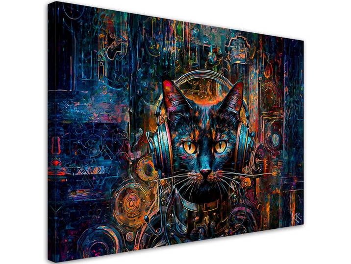 Feeby Leinwandbild DJ Katze in abstrakten Farben 120x80cm, Blau, Tiere, Rechteckig, 120x80 cm, Bilder & Rahmen, Bilder, Leinwandbilder