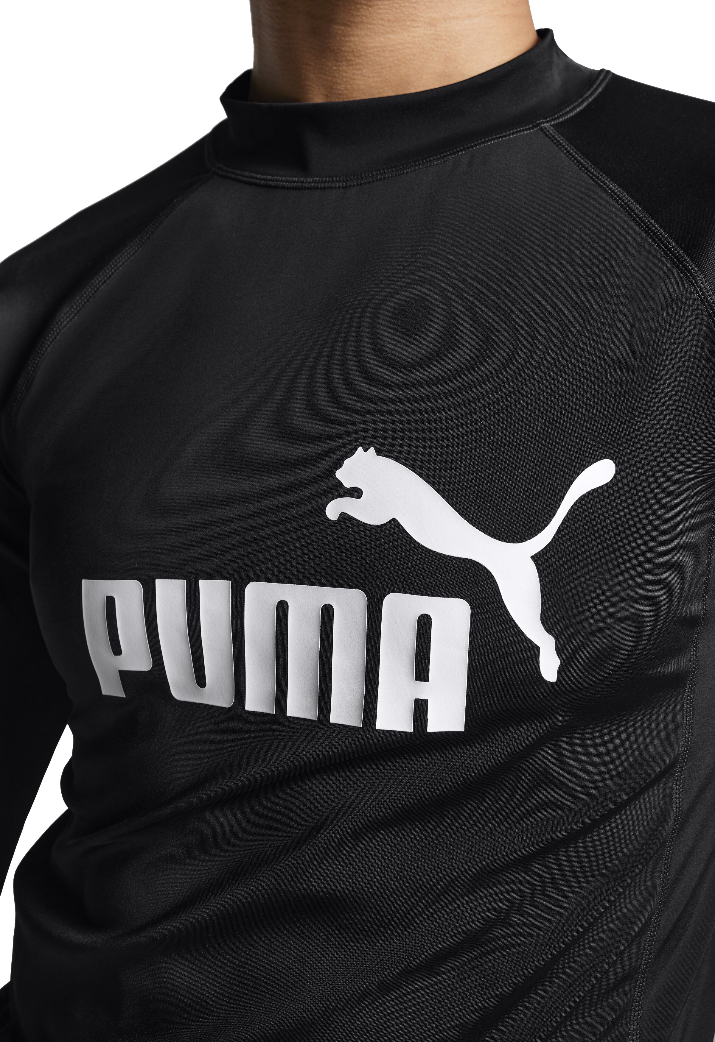 Rash Guard PUMA "PUMA SWIM MEN LONG SLEEVE RASH GUARD", Damen, Gr. XS, schwarz, Obermaterial: 80% Polyamid, 20% Elasthan, figurbetont hüftlang, ohne Ausschnitt, Shirts Rash Guard, mit kleinem Stehkragen, lange Ärmel schwarz XS