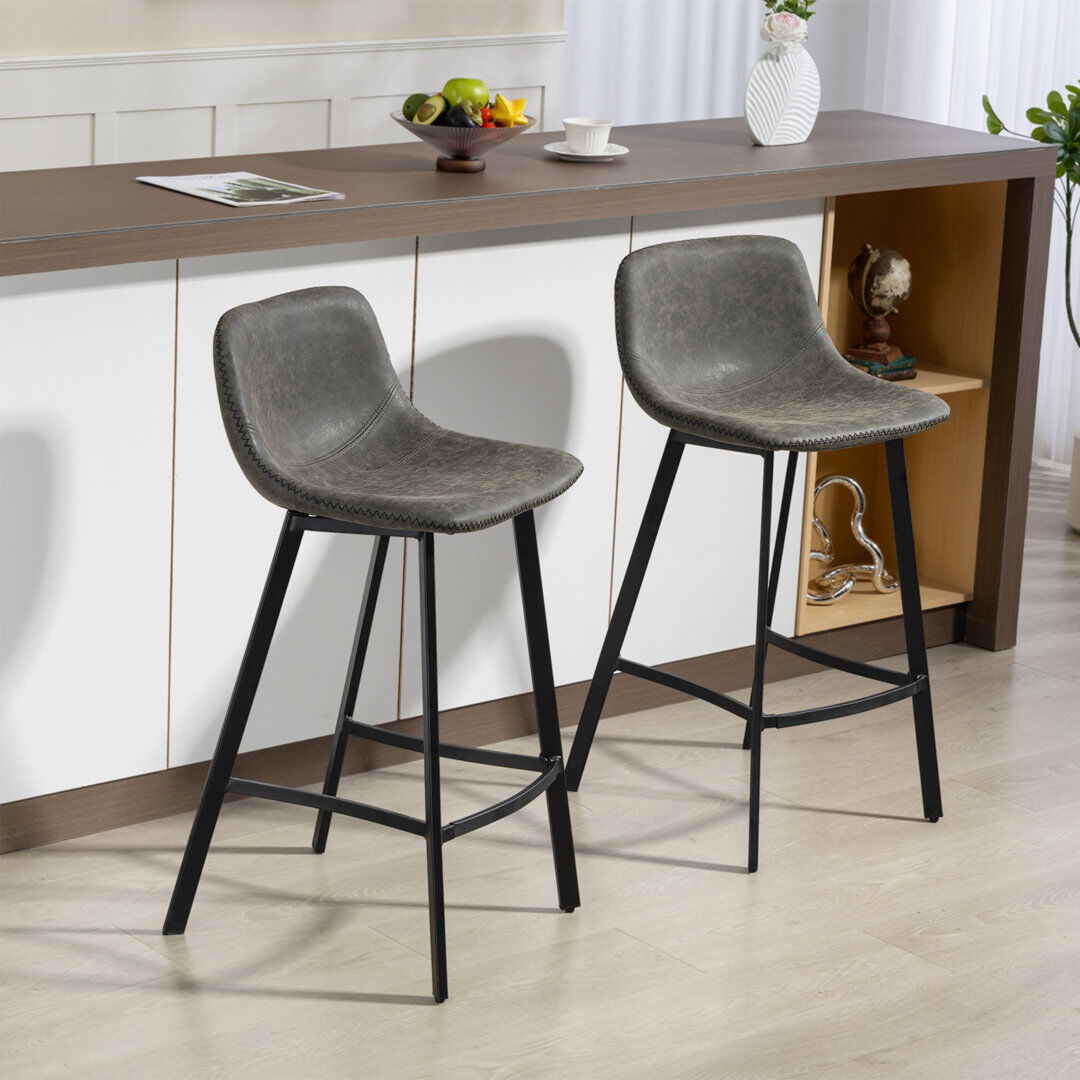 Rio Sidibe Bar Stools Set of 2 PU Leather Upholstery with Backrest Grey 91cm H X 44cm W X 45cm D
