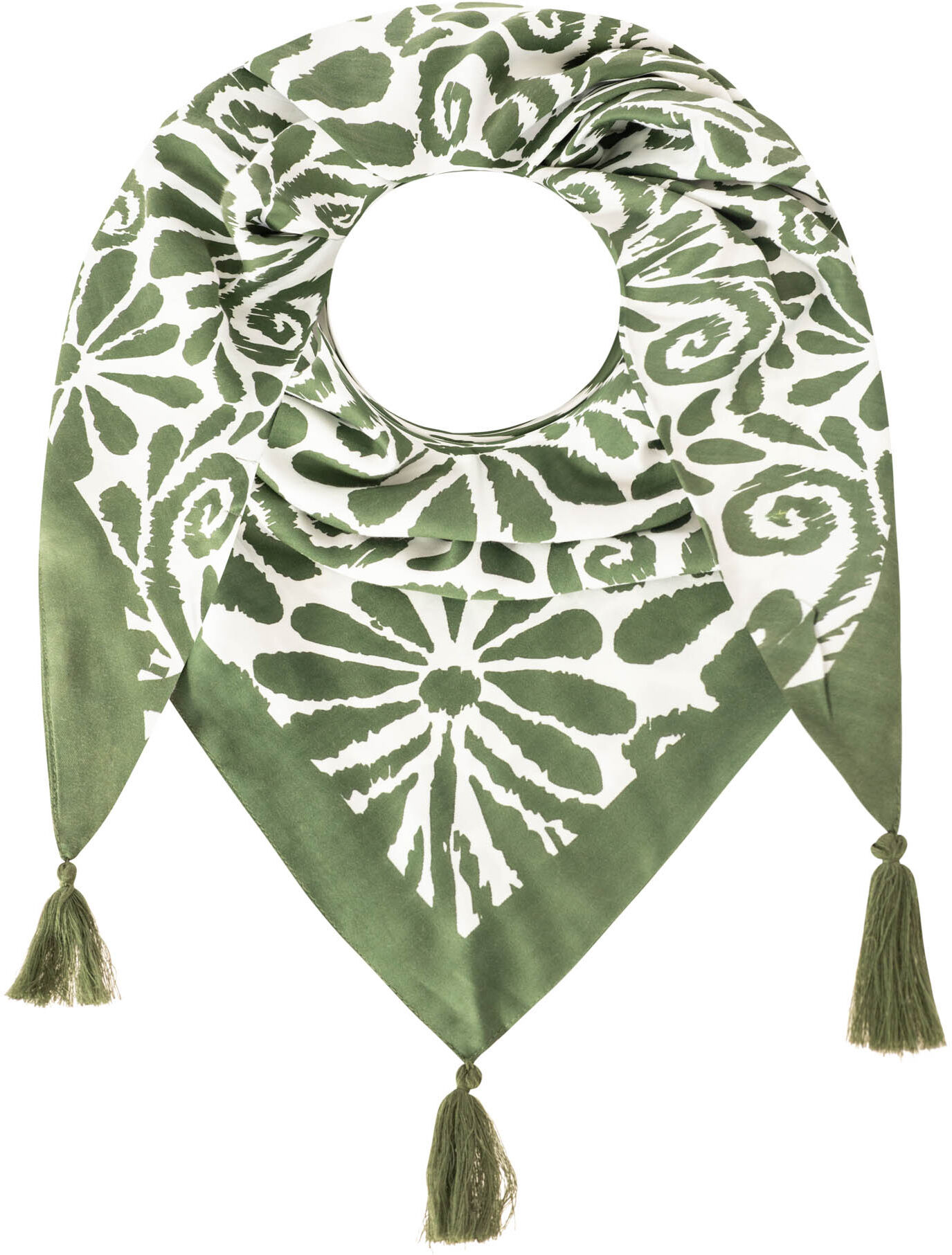 Dreieckstuch ZWILLINGSHERZ "Flower Fun", Damen, olive, Web, Viskose, gemustert, mehrfarbig, Modetücher Dreieckstuch, verspieltes Blumenmuster, Tasseln, glänzende Oberfläche olive Einheitsgröße