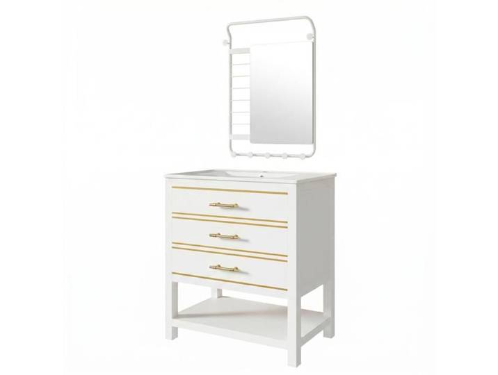 Meuble sous-vasque avec miroir - FURNITURER - Modèle 76 cm - Blanc - Vasque céramique - 2 tiroirs