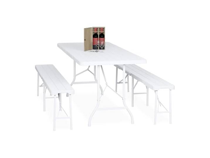 Relaxdays Bierzeltgarnitur klappbar, 3-TLG. Bierbank Set mit großem Tisch, Garten, Festzeltgarnitur, Holzoptik, Farbwahl