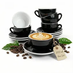 Muvell 6er Cappuccino / Kaffee-Set "Rimini" inkl. Tasse 200ml + Untertasse 16cm, schwarz