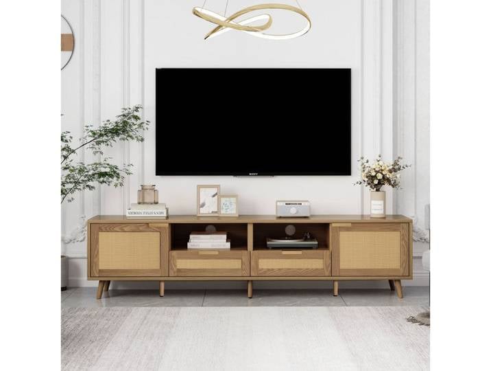 Meuble TV 200x37x49 cm avec 2 portes 2 tiroirs effet cannage en rotin synthétique décor chêne - FIMRUT