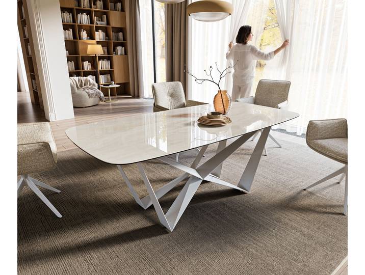 Esstisch Edge Boot 200x100 cm Keramik Onyx Champagne Spider Metall Weiß, Esstische
