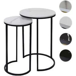 2er-Set Beistelltisch HWC-K46, Kaffeetisch Nachttisch Loungetisch, Marmor-Optik MDF ~ weiß-schwarz