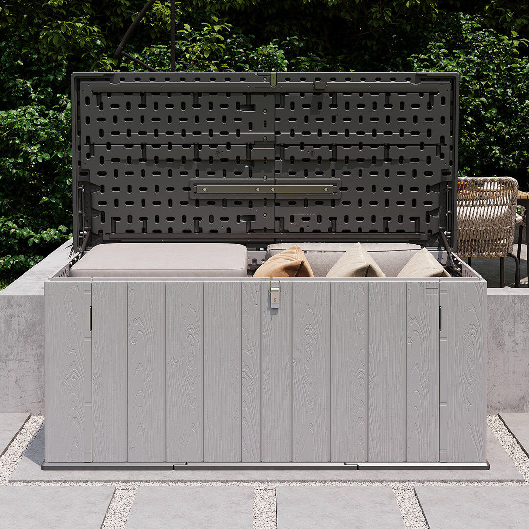 JolyDale 142cm W 16L Polypropylene Plastic Lockable Deck Box Grey 63cm H X 142cm W X 67cm D
