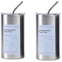 Inspired Living Premium 600 Ml Stainless Steel Vacuum Bottle Portable Insulated Coffee & Water Tumbler With Straw white 2pcs