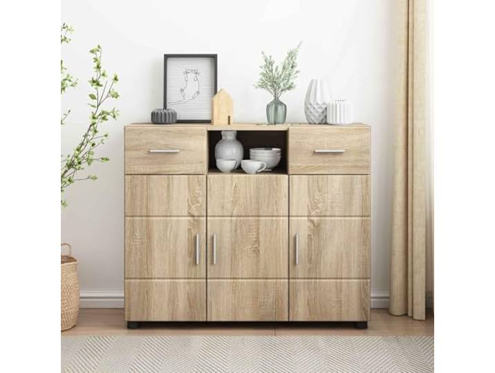 LPERTGFHU Sideboard Sonoma-Eiche Kommode Holzwerkstoff mit 3 Türen & 2 Matte Oberfläche, Platzsparende Aufbewahrung, Modernes Design, Einfache Montage