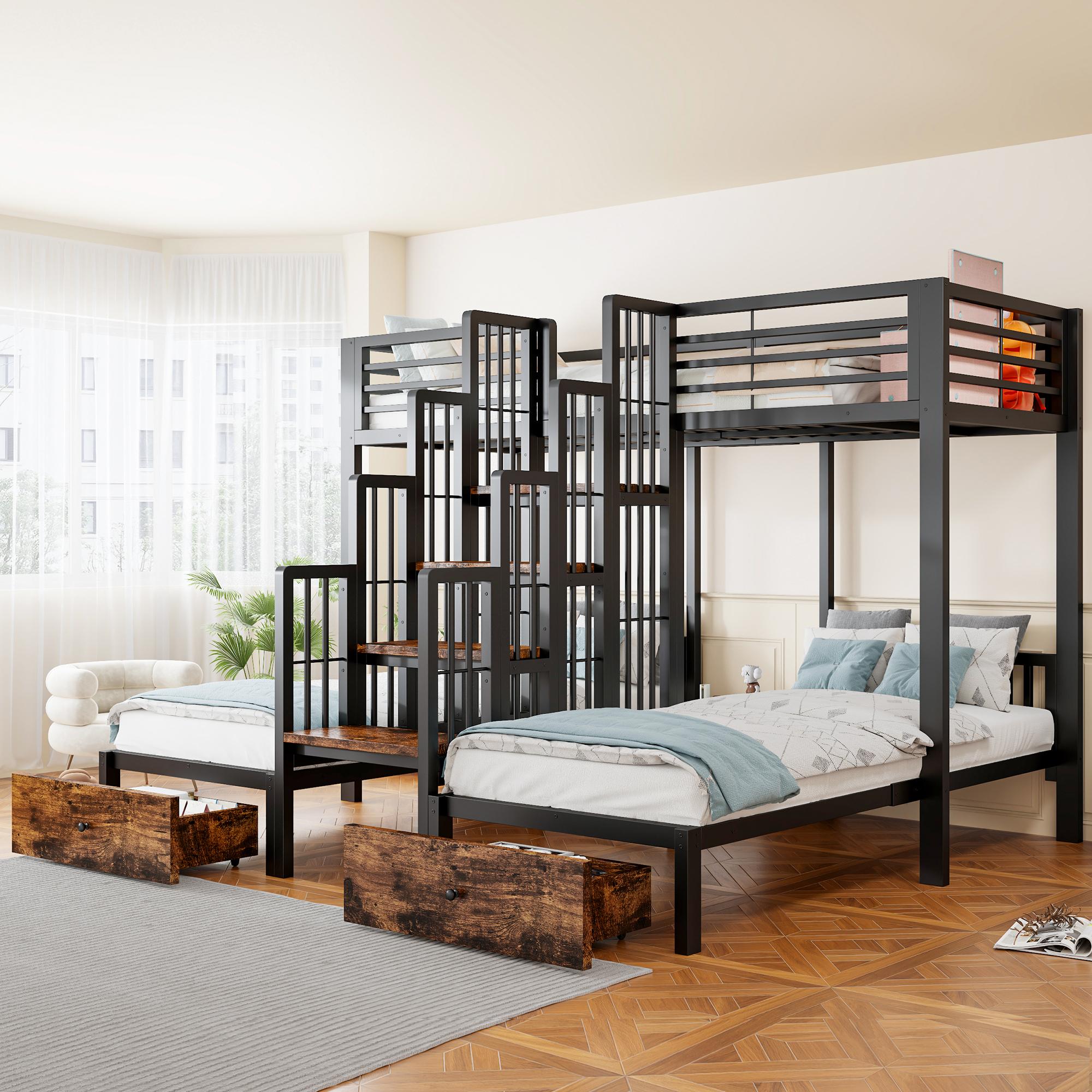 okwish Etagenbett 90×200 mit Schutzgeländern,Schubladen,Jugendbett mit Mitteltreppe,Metallbett in Schwarz,ohne Matratze