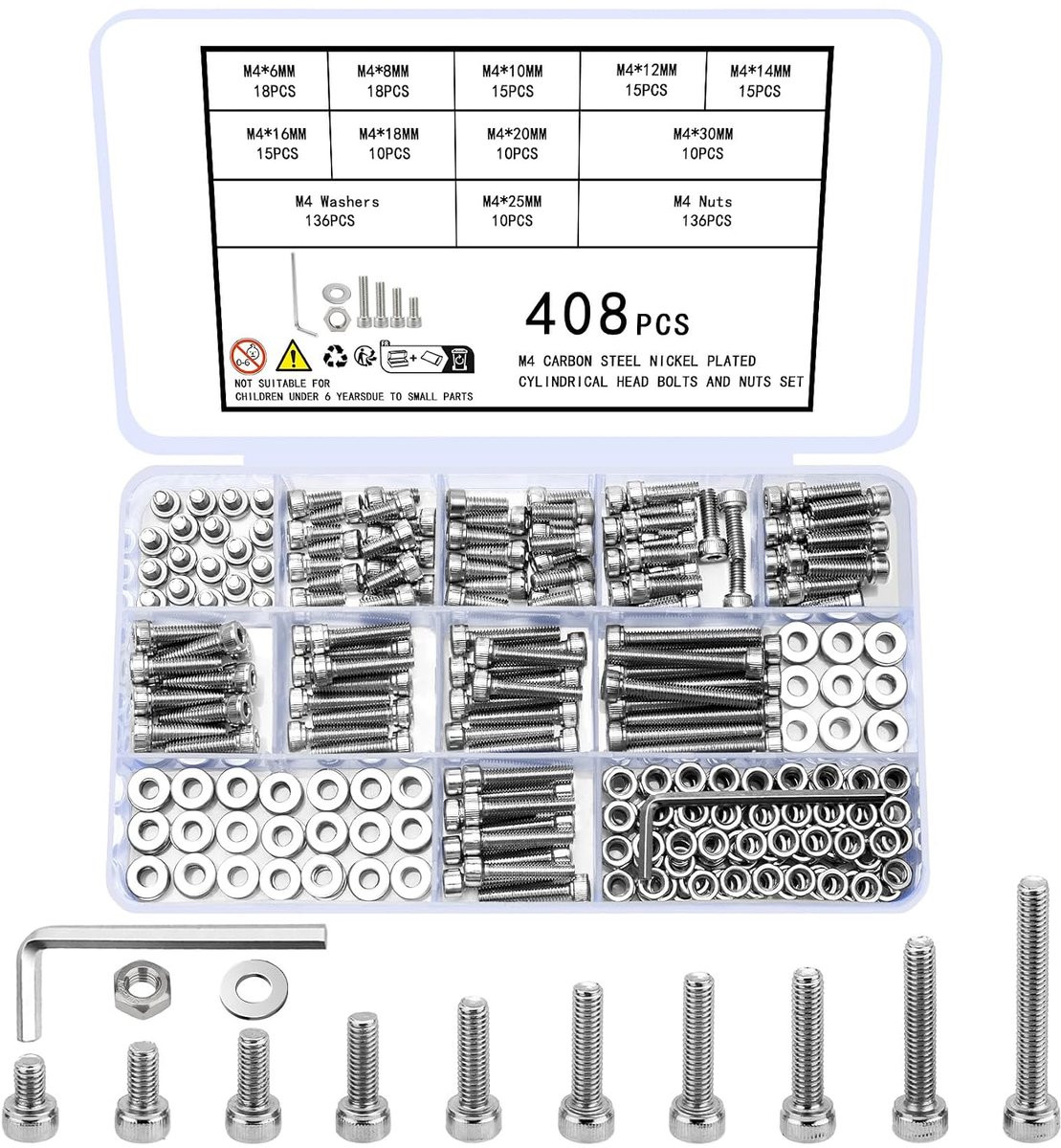 M4 Schroevenset met cilinderschroeven, moeren en sluitringen, 408 stuks, zwart