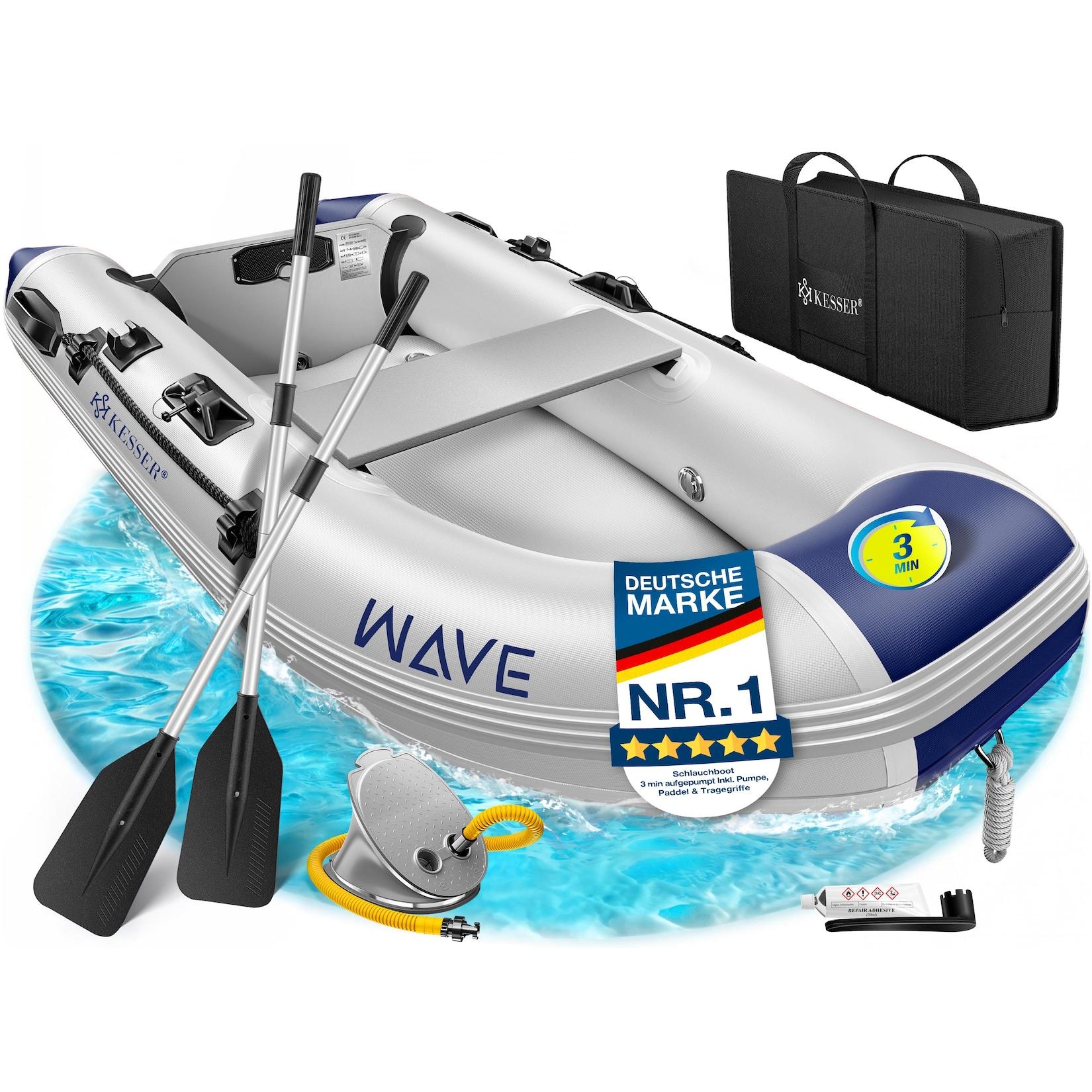 KESSER® Schlauchboot für 2 - 4 Personen - WAVE Motor geeignet Freizeitboot Paddelboot Motorboot Angelboot - mit 1 - 2 Sitzbänken - Alu-Boden Paddel Pumpe Reparaturset & Tasche aufblasbar PVC