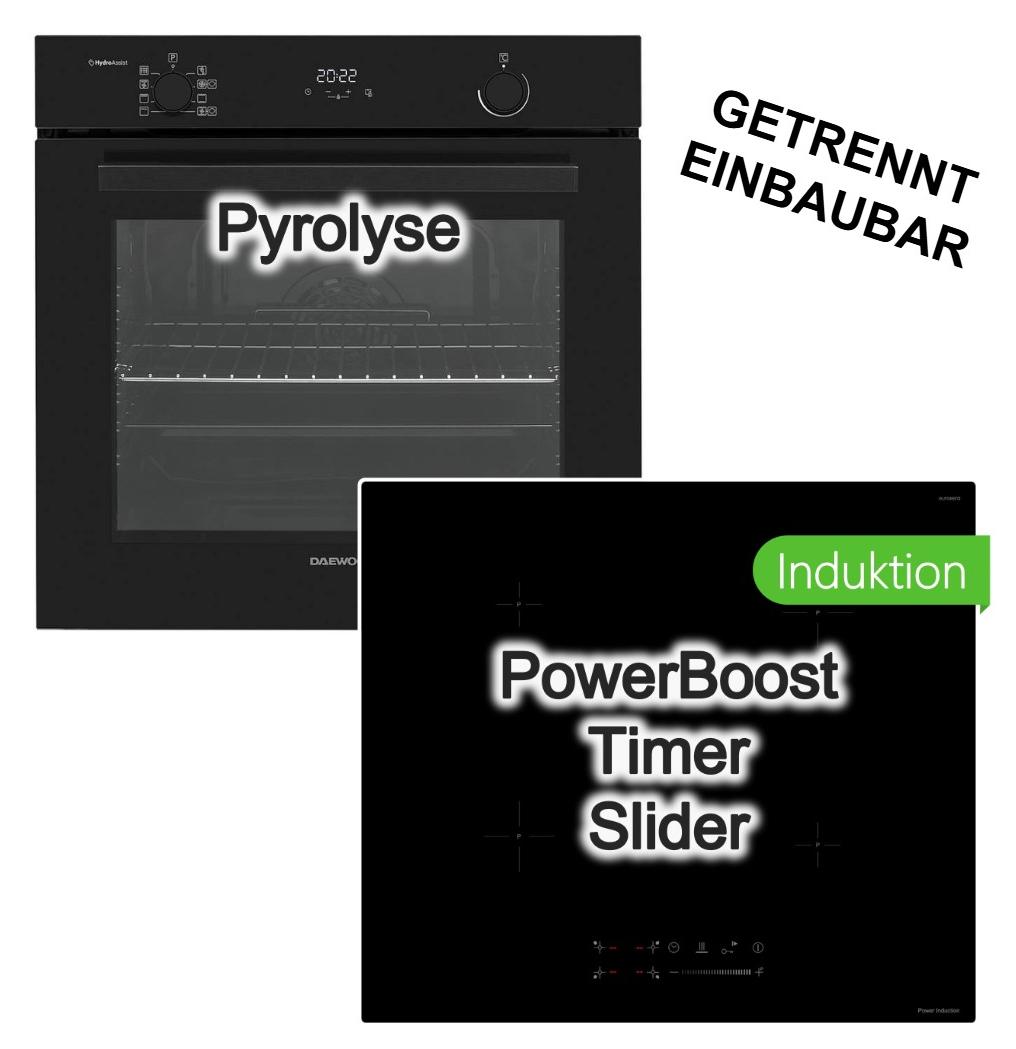 Herdset Daewoo Backofen Pyrolyse + keenberk Induktionskochfeld Booster Touch-Slider