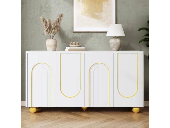 YAIXBNG Wohnzimmerschrank,Viertüriges Sideboard, Esszimmer Staurschrank mit Bogen-Goldlinien-Dekor, mit kugelförmigen Metallfüßen für Diele und Wohnzimmer