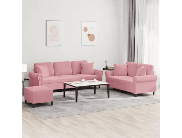 ZQQLVOO 3-TLG. Sofagarnitur Samt Rosa mit Hocker Weicher Samt, stabiles Sperrholz-Metall-Gestell, dick gepolsterte Sitzflächen, quadratische Zierkissen, belastbar bis 110 kg
