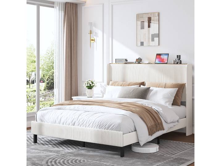 Lit Adulte 160x200 Cadre Métal Corduroy Matelassé Beige Havrya
