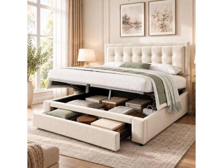Anwick Polsterbett 180x200 mit Stauraum & Lattenrost, Samt Beige (Beige, 180cm*200cm)