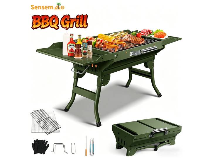 Barbecue portable pliable, modèle vert, mini-barbecue à charbon de bois en forme de valise avec poignée de transport, étagère latérale et grille en métal, idéal pour le camping, les pique-niques, la
