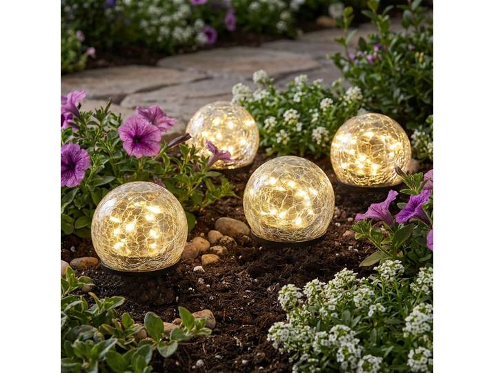 4er-Set Solar-Kugelleuchten Crackle Glas mit Erdspiess