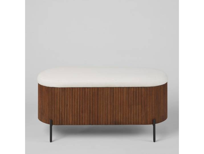 Banquette coffre écrue, bois d'hévéa et pieds en acier
