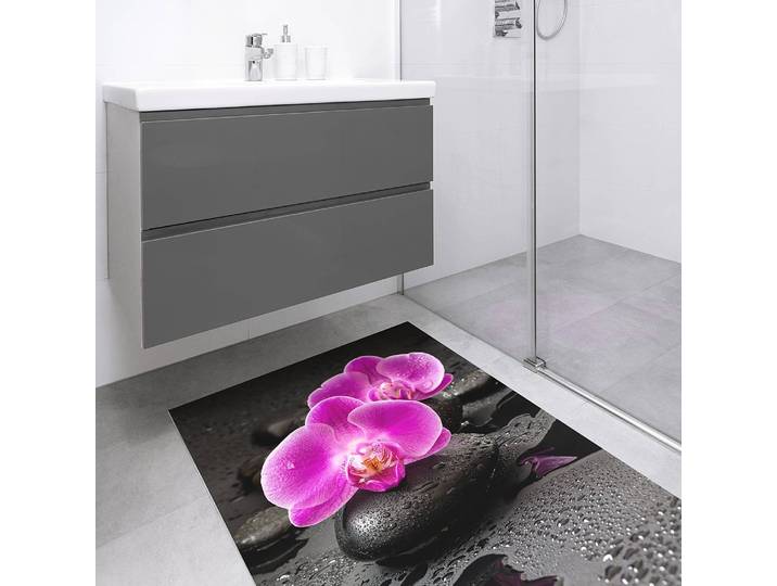 Tapis en vinyle Orchidées et pierres 140 x 210cm Rose foncé
