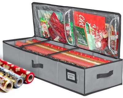 HOLDN’ STORAGE HOLDN' STORAGE Wrapping Paper Storage Container, Fits 27 Rolls Gift Wrap, Extra Pockets for Ribbons & Bows, Underbed Storage