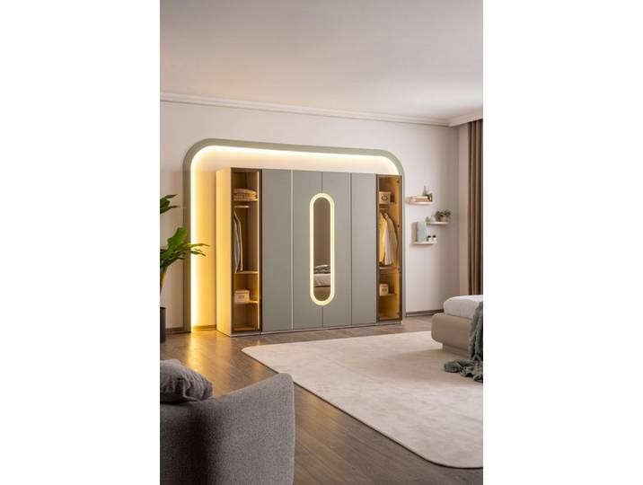 Xlmoebel Kleiderschrank XLMOEBEL Kleiderschrank in Beige mit Glastüren und Spiegeln (Kleiderschrank) Made in Europa