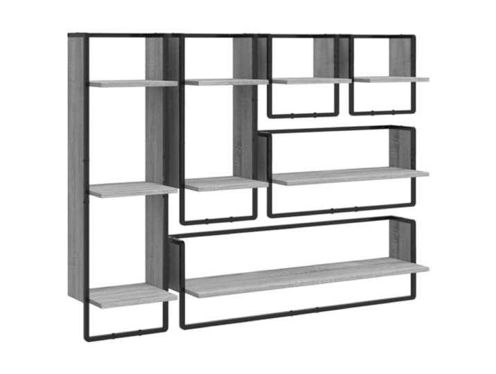 QINXIXINAIXI Wandregal-Set 6-TLG. mit Stangen, Grau Sonoma, Holzwerkstoff Schweberegal, Wandboard, Hängeregal, Regal mit Kleiderstange, Deko-Ablage, Ordnung, Wandmontage