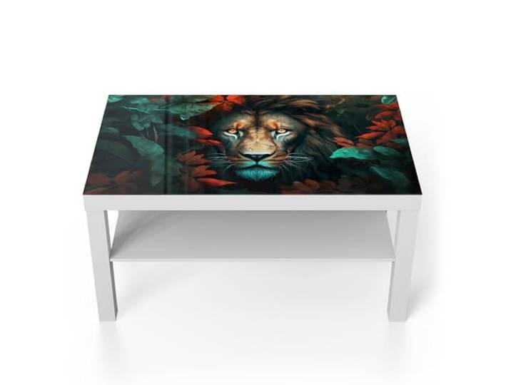 DEQORI Glastisch weiß groß 90x50 cm Motiv Herbstliches Löwenporträt ausgefallener Beistelltisch aus Glas Hochglanz Couchtisch fürs Wohnzimmer moderner Couch Tisch mit Design