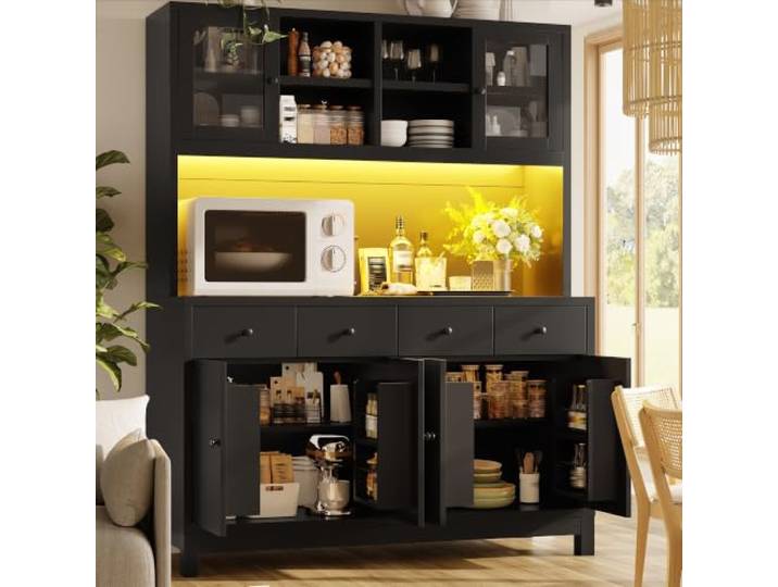 Aunvla Hochbuffetschrank 140 * 38.5 * 180cm mit App-gesteuerter RGB-LED, Glastüren & 4 Schubladen, verstellbare Einlegeböden, belastbar bis 100kg, Schwarz