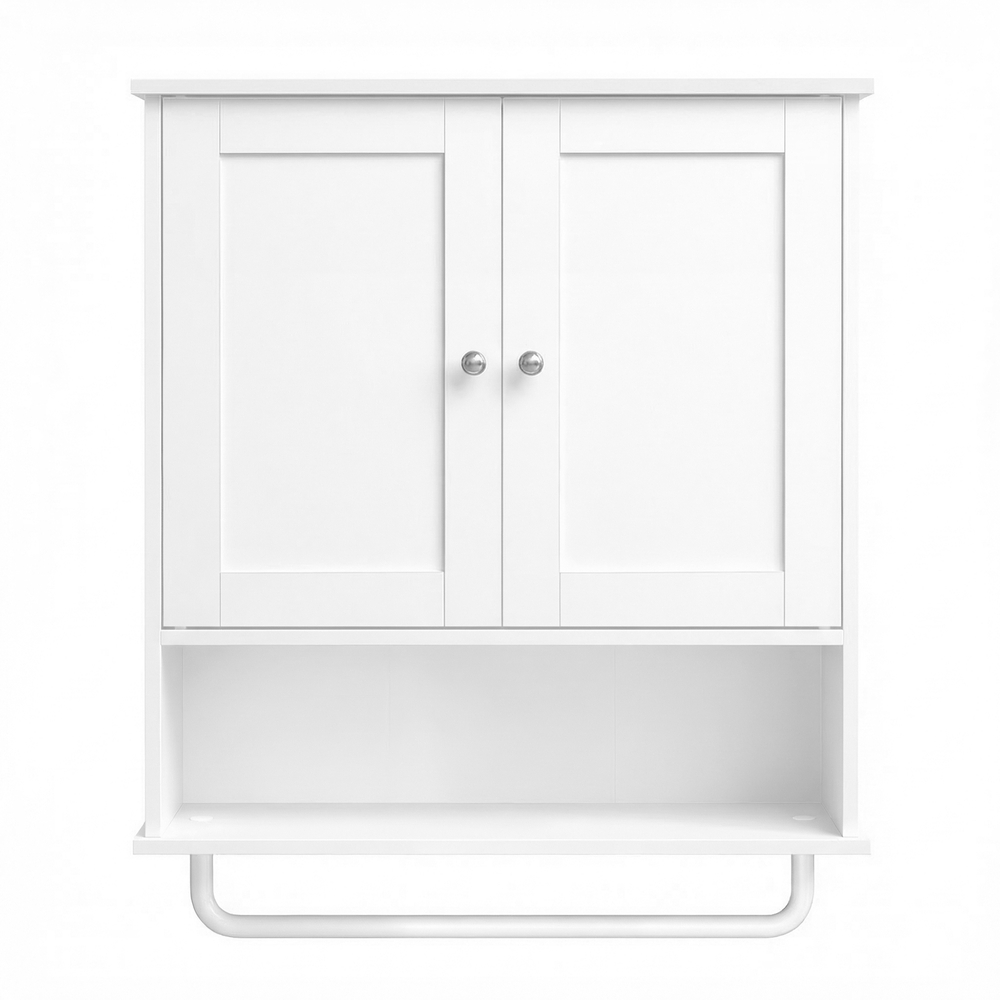 VASAGLE Wandschrank mit Türen, Handtuchhalter und offenem Fach, Hängeschrank für Bad BBKB35149WB01