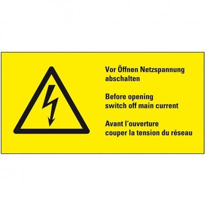 Aufkleber I Warn-Kombischild Vor Öffnen Netzspannung abschalten, praxisbewährt, Folie, 100x50mm
