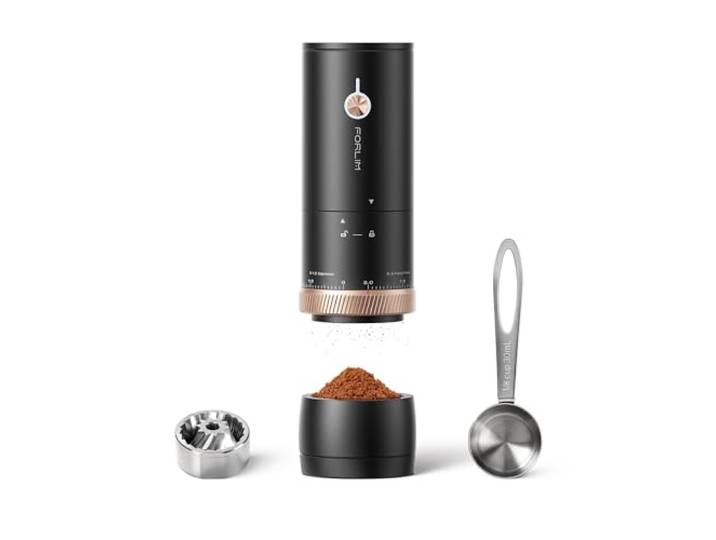 FORLIM Tragbare Kaffeemühle, 80 Präzisionseinstellungen, Einzeldosis USB-C Wiederaufladbare Edelstahl Konische Frässtifte Espresso Mokkakanne Pour-Over für Büro Reisen & Kleine Küchen