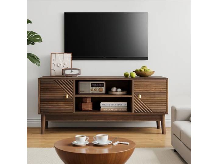 MEUBLIV Meuble TV 110 cm en MDF aspect bois noyer 2 portes rangement central style mid-century