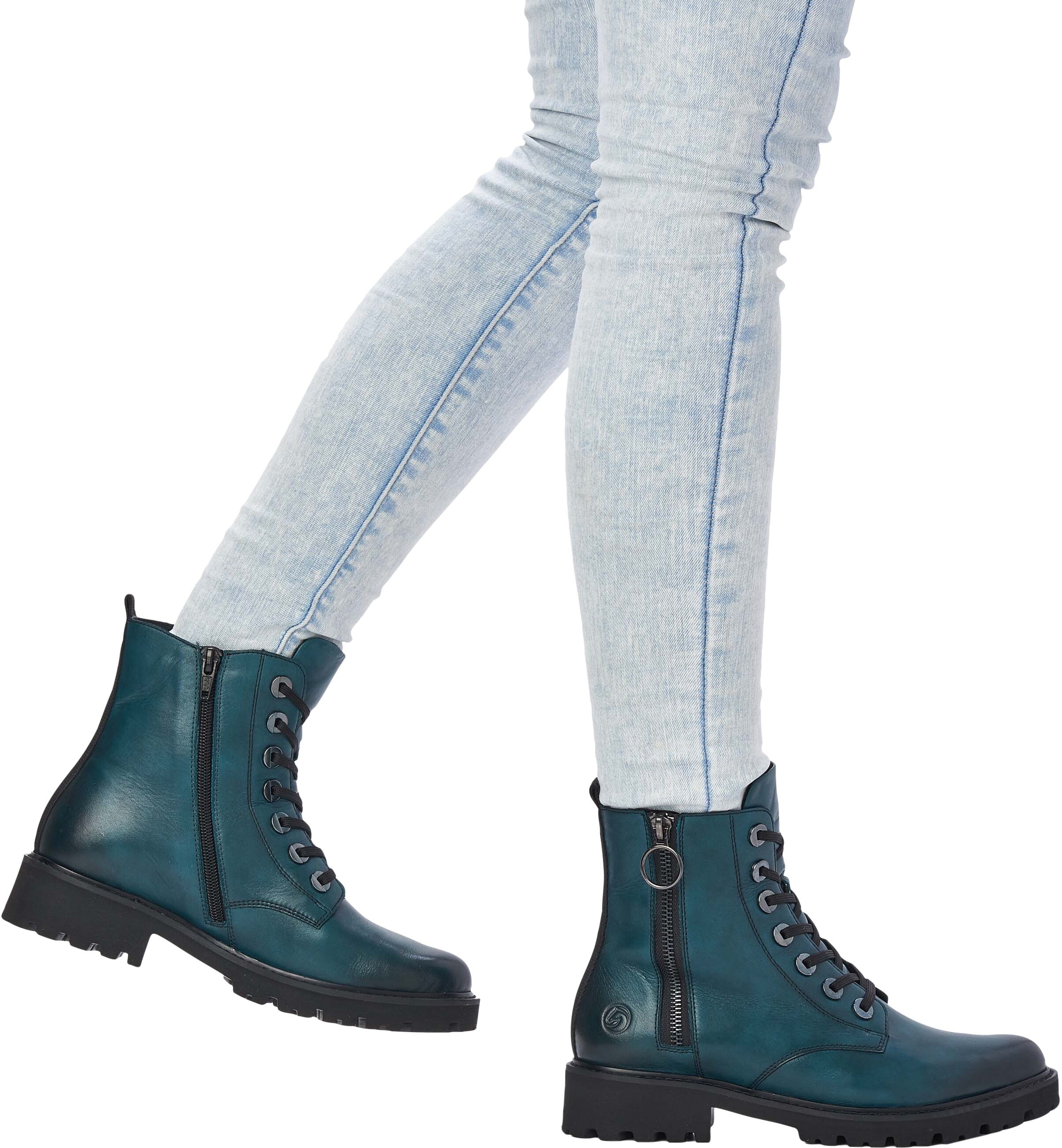 Schnürstiefelette REMONTE, Damen, Gr. 37, wärmend, blau (petrol), Leder, used, Schuhe Schnürstiefelette, Blockabsatz, Stiefelette, Schnürboots, im modischen Used Look