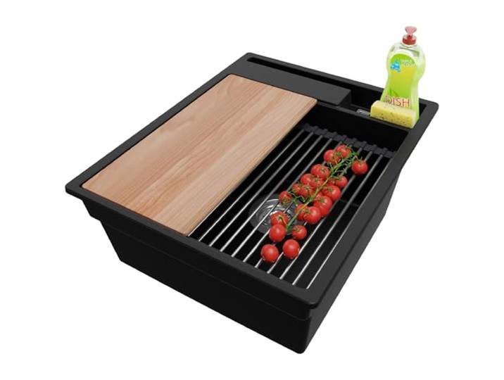PRIMAGRAN Spülbecken ab 45er Unterschrank + Ablauf-Set, 43x53cm Set: Ablauf-Set (Siphon, Ablaufgarnitur, Überlauf) + Granitspüle 1 Becken - Oslo Pocket, Schwarz