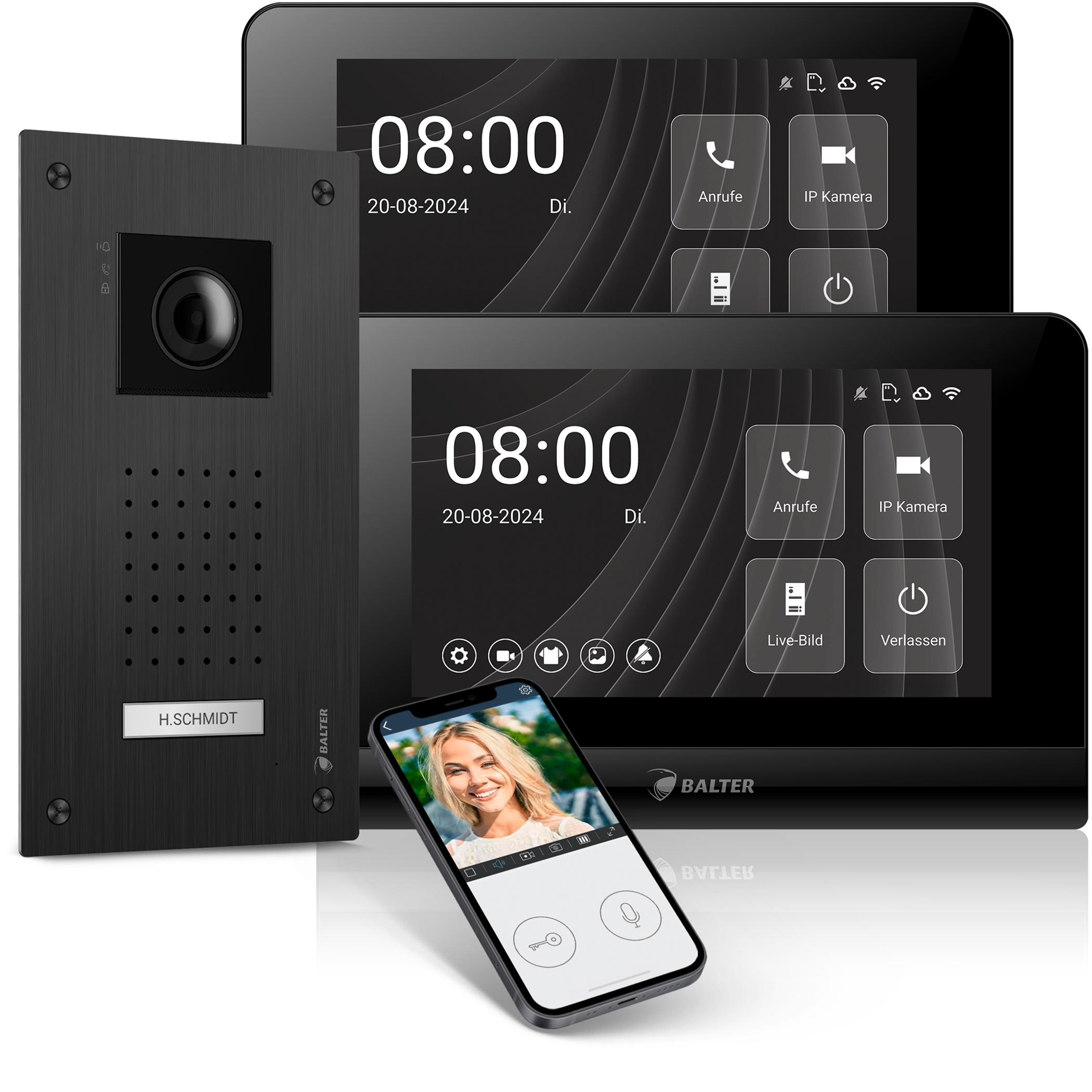 Entri L Video Türsprechanlage, Video Türklingel, 1 Familienhaus 2x 7-Zoll HD Monitor, 2-Draht, Unterputz, Smartphone App, Full HD Kamera, schwarz