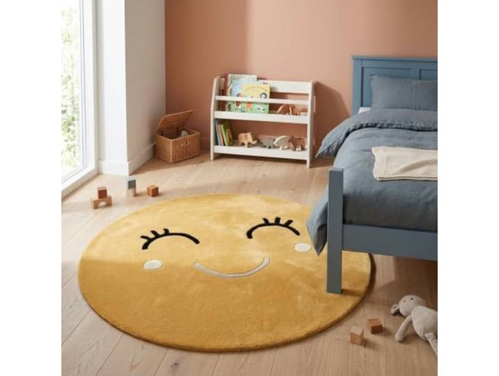 Morgenland Kinderteppich Handgetuftet Wolle Senfgelb 120x120cm Rund 100% Schurwolle, Kollektion Kids, Kinderzimmer, Handarbeit