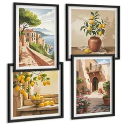 BILDER SET 4er Set - 50x50 cm & 40x60 cm Schwarzer Rahmen - Zitrusfrüchte in der Küche