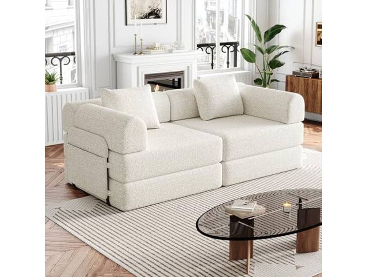 Chenille Schlafsofa klappbar 1er Beige mit Armlehnenfach 2-in-1 Schlafsofa mit Staufach in der Armlehne und drei Metallrahmen