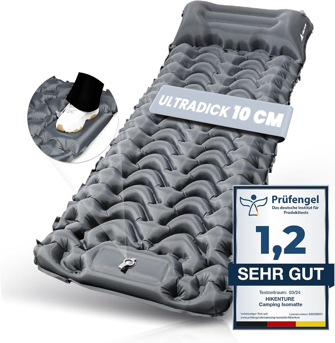 Isomat Zelfopblazende Campingluchtmatras met Voetpomp, Isolerende Slaapmat voor Outdoor en Wandelen, Grijs, B/D/H: 70 x 190 cm