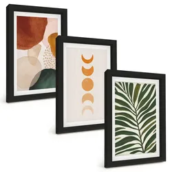 BILDER SET 3er Set - 20x30 cm Schwarzer Rahmen - Abstrakte Blattformen