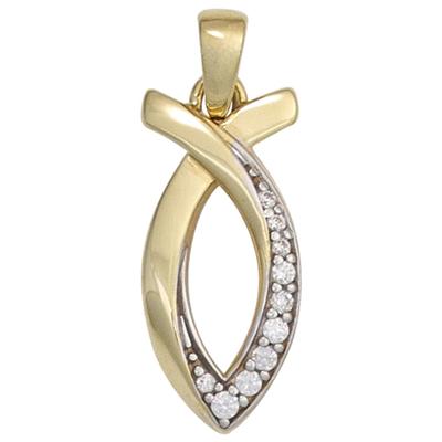 Kettenanhänger JOBO "Anhänger Ichthys 18 mm", gold (gelbgold 333, weiß), Schmuckanhänger, Damen, Gelbgold 333, Kettenanhänger, 333 Gold bicolor mit 10 Zirkonia