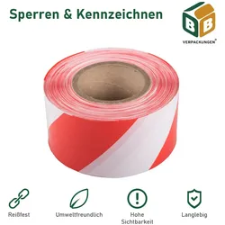 BB-Verpackungen GmbH 72 x Absperrband (75 mm x 500 m) rot/weiß sehr reißfest hohe Sichtbarkeit beidseitig Flatterband Warnband Baustellenabsperrung BB-Verpackungen